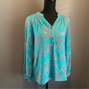 Lilly Pultizer *Like New* Blue w/ Coral Silk Blouse Top